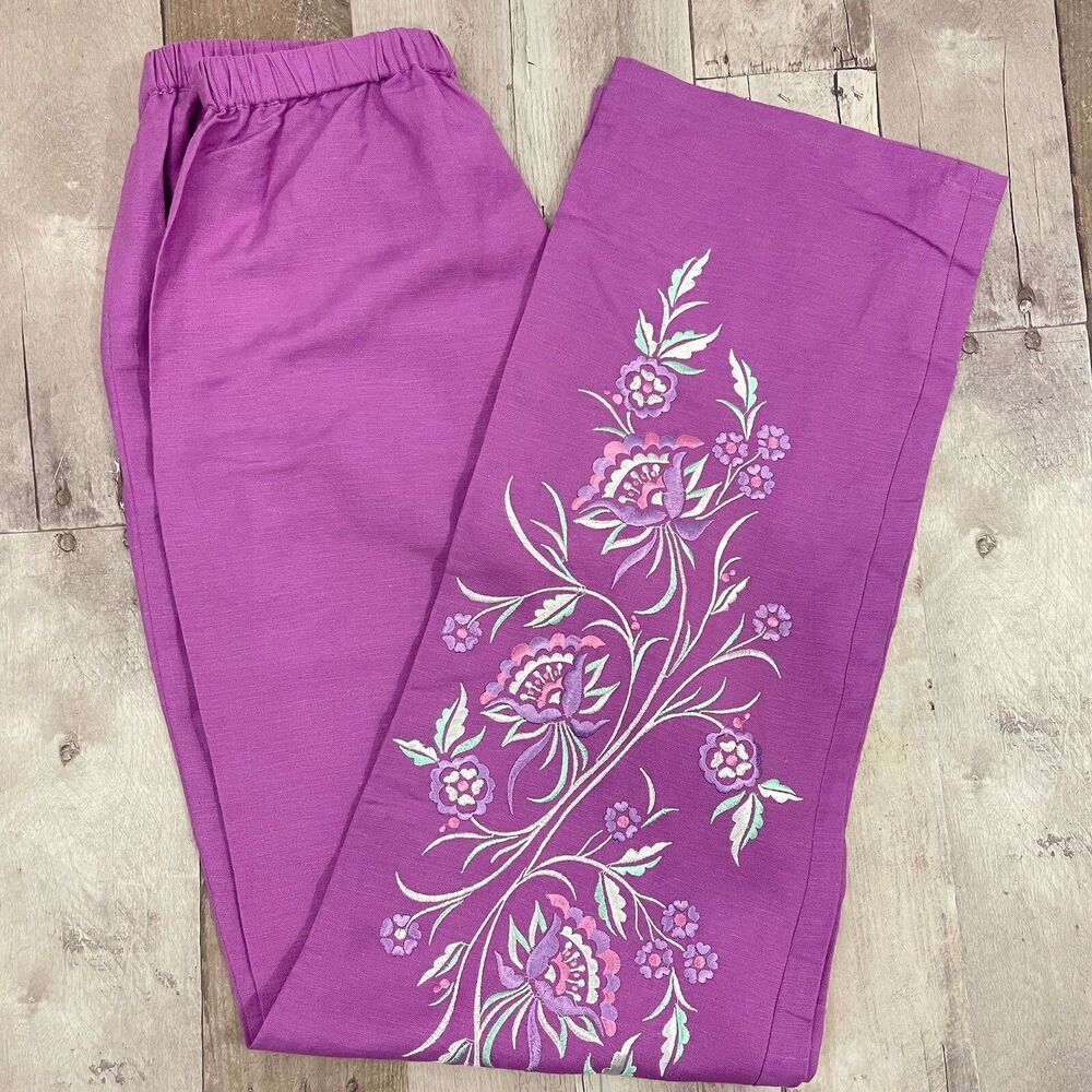 Bob Mackie Floral Embroidered Linen Blend Pull-On Pants S Artsy Art Boho Summer‎